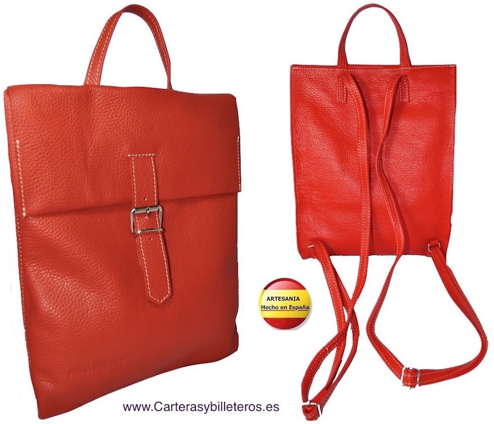 MOCHILA DE PIEL DE GRAN CALIDAD VACUNO CON BOLSILLOS INTERIORES ROJO 