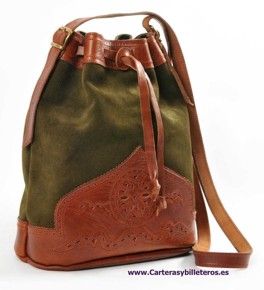 BOLSO HECHO DE PIEL Y SERRAJE CUERO Y VERDE 