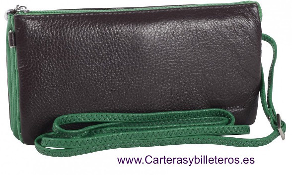 BOLSO DE CRUZAR PIEL BICOLOR SE PUEDE USAR COMO CARTERA DE MANO MARRÓN Y VERDE 