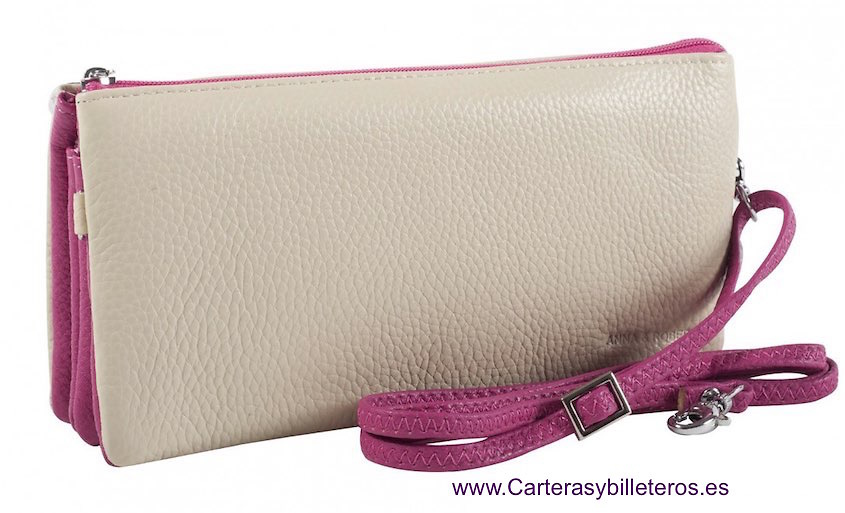 BOLSO DE CRUZAR PIEL BICOLOR SE PUEDE USAR COMO CARTERA DE MANO FUCSIA Y BEIGE 