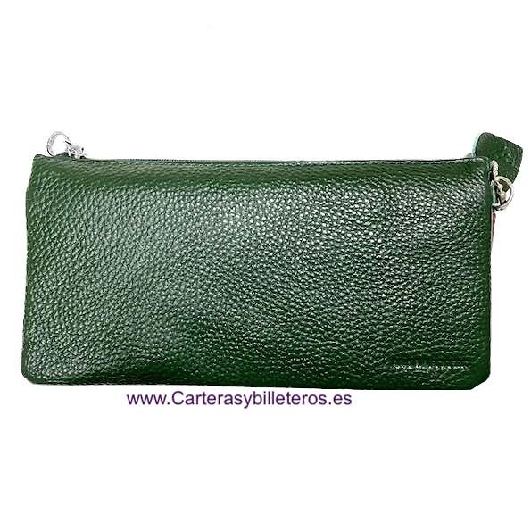 BOLSO DE CRUZAR PIEL BICOLOR SE PUEDE USAR COMO CARTERA DE MANO VERDE Y BURDEOS 