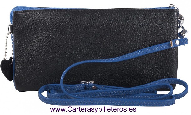 BOLSO DE CRUZAR PIEL BICOLOR SE PUEDE USAR COMO CARTERA DE MANO NEGRO - AZUL 