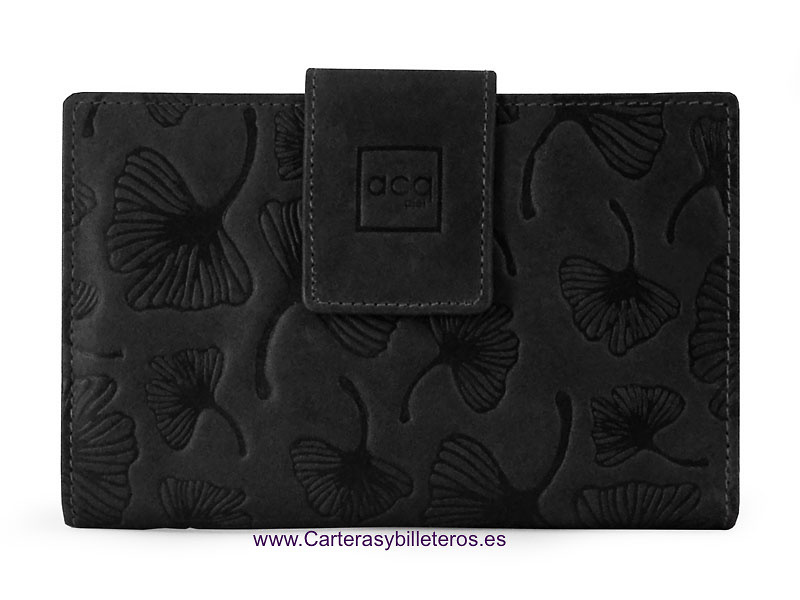 CARTERA MUJER GRANDE DE PIEL CON MOTIVOS VEGETALES MODERNISTAS GRABADOS NEGRA 