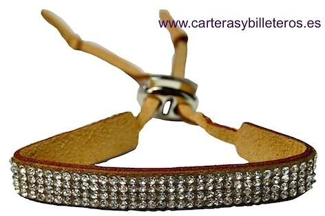 PULSERA DE PIEL ANTE Y STRASS CON CIERRE METAL REGULABLE 10 COLORES CUERO 