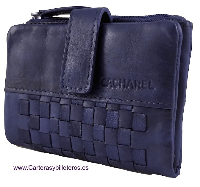 CARTERA CACHAREL DE MUJER PEQUEÑA DE PIEL CON ADORNO ARTESANAL AZUL MARINO 