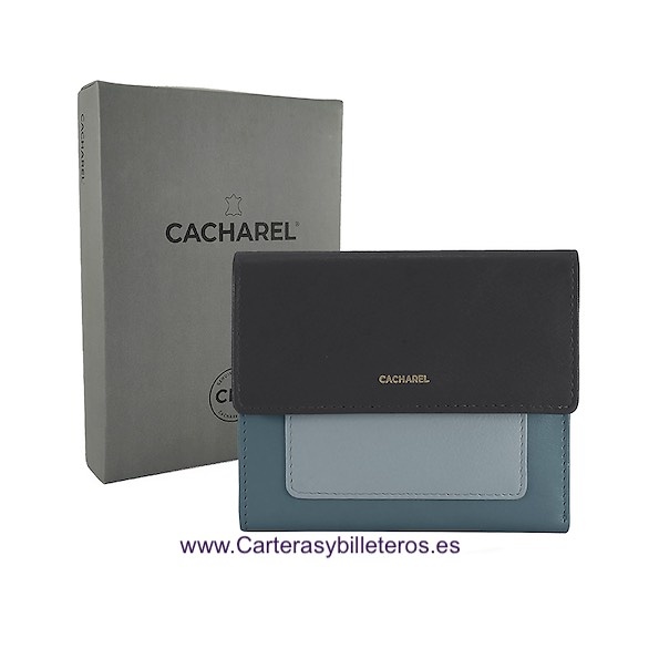 CARTERA DE MUJER MARCA CACHAREL HECHA DE PIEL COMBINANDO TRES COLORES MUY ELEGANTE AZUL Y NEGRO 