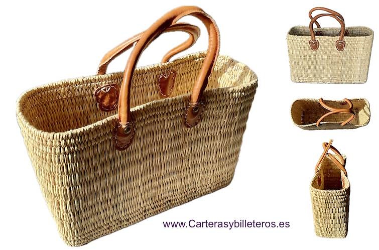 LARGE WICKER STRAW BASKETS WITH LEATHER HANDLES 