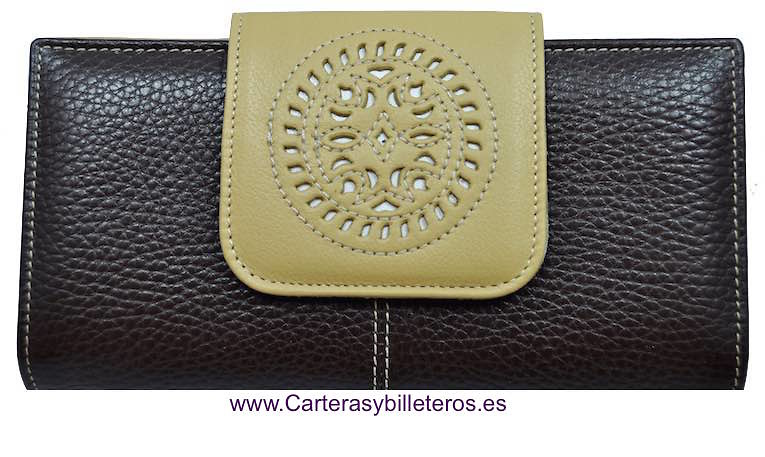 CARTERA BILLETERA DE MUJER DE PIEL DE UBRIQUE CON CIERRE TRABAJADO GRANDE MARRON Y CAMEL 