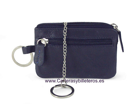 MONEDERO DE PIEL CON DOBLE LLAVERO DE ANILLAS CON CADENA -5 COLORES- AZUL MARINO BROWN 