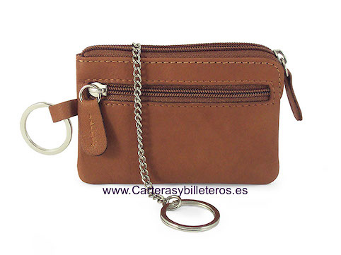 MONEDERO DE PIEL CON DOBLE LLAVERO DE ANILLAS CON CADENA -5 COLORES- CUERO 