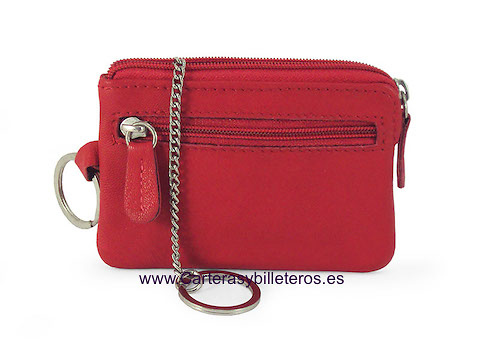 MONEDERO DE PIEL CON DOBLE LLAVERO DE ANILLAS CON CADENA -5 COLORES- ROJO 