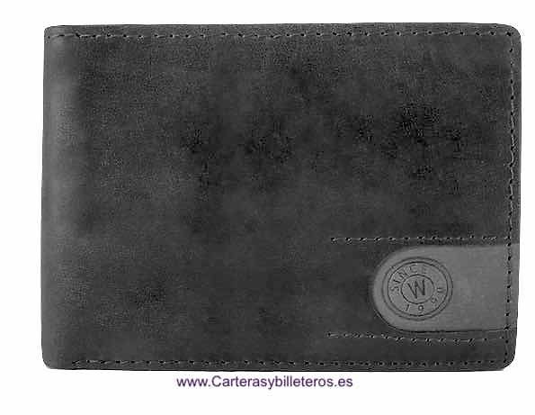 CARTERA TARJETERO DE PIEL A DOS TONOS CON MONEDERO HORIZONTAL y RFID Sistema de seguridad NEGRO Y GRIS 