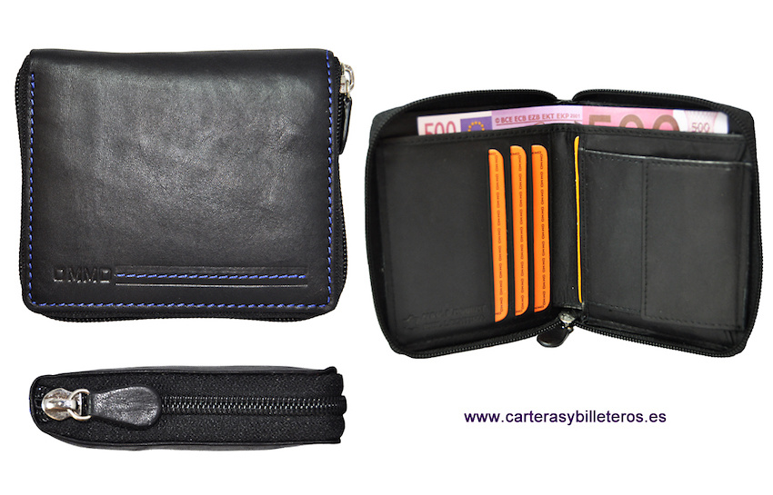 CARTERA DE PIEL CON MONEDERO CON CREMALLERA EXTERIOR NEGRO BROWN 