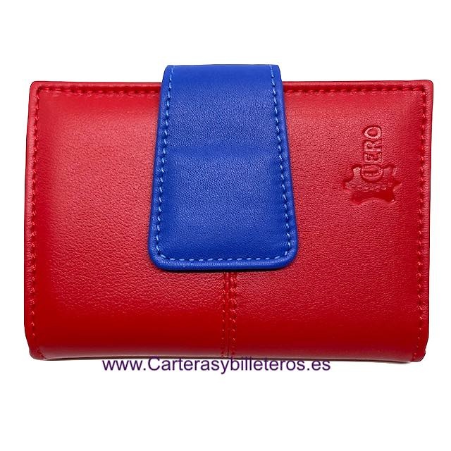 CARTERA MUJER PEQUEÑA DE PIEL UBRIQUE MUY COMPLETA Y GRAN CALIDAD - MUCHOS COLORES- ROJO CON AZUL AZAFATA 