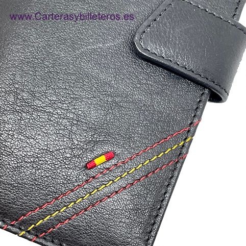 CARTERA DE HOMBRE DE PIEL UBRIQUE CON PESPUNTE Y BANDERA DE ESPAÑA NEGRO 