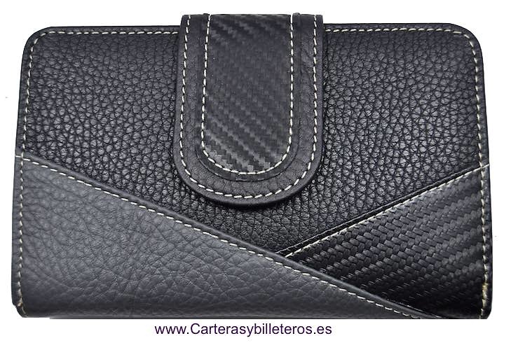 CARTERA MUJER MEDIANA DE PIEL Y FIBRA DE CARBONO NEGRO Y GRIS 