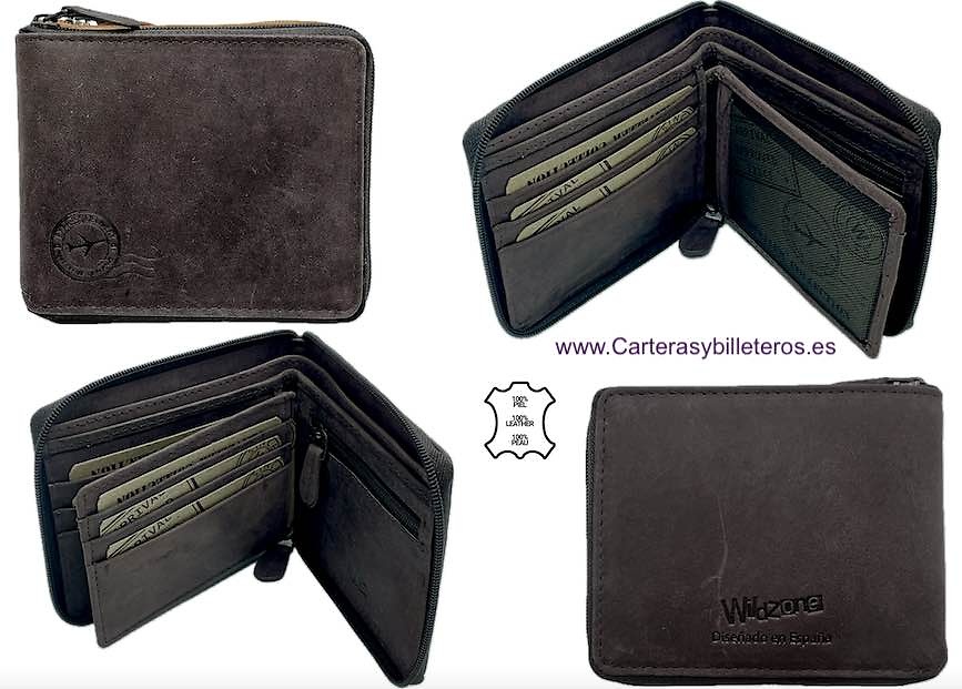 MEN'S LEATHER ZIP WALLET WITH COIN PURSE WILDZONE TRAVEL 