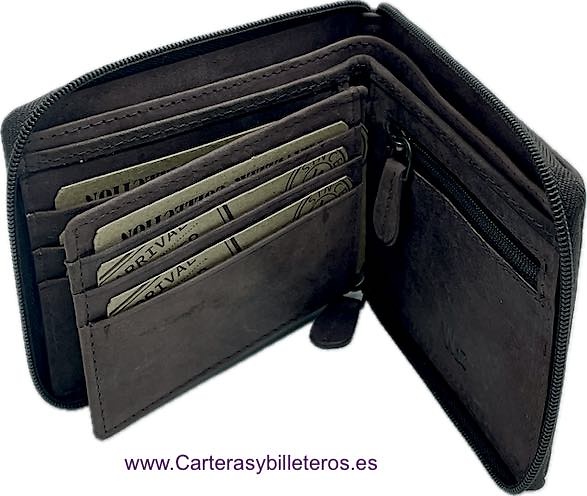 MEN'S LEATHER ZIP WALLET WITH COIN PURSE WILDZONE TRAVEL 