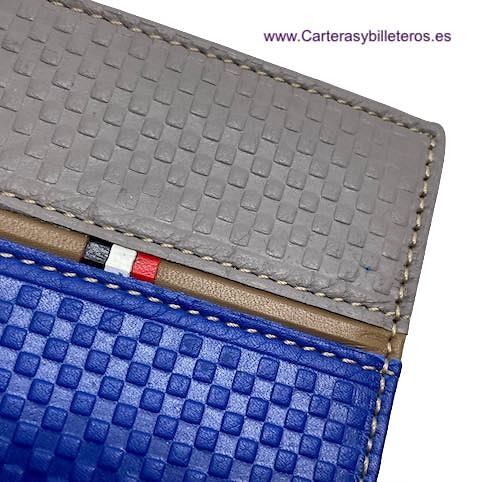 CARTERA BILLETERA DE HOMBRE PIEL UBRIQUE PARA 8 TARJETAS AZUL Y GRIS 