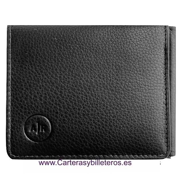 CARTERA BILLETERA DE HOMBRE CON PINZA CLIP Y MONEDERO EXTERIOR NEGRO 