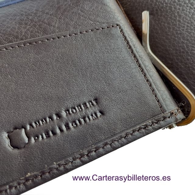 CARTERA BILLETERA DE HOMBRE CON PINZA CLIP Y MONEDERO EXTERIOR MARRÓN OSCURO 