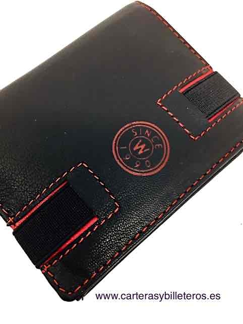 CARTERA TARJETERO HOMBRE PIEL NAPA CON CIERRE ELASTICO NEGRA Y ROJA 