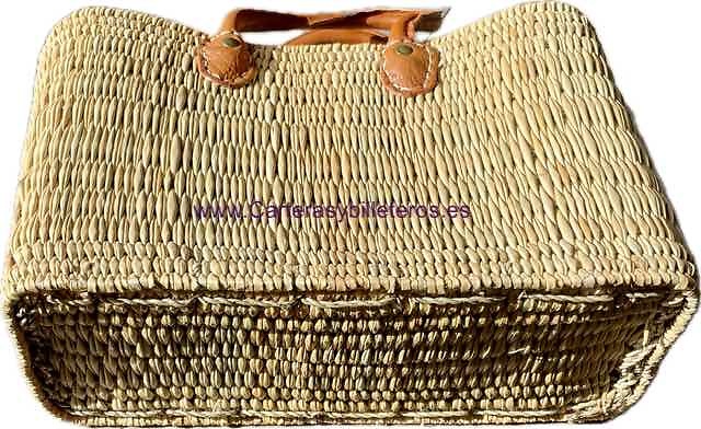 SET OF 3 WICKER STRAW BASKETS WITH LEATHER HANDLES 