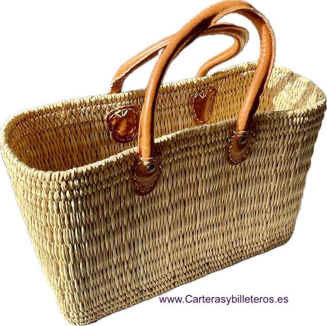 SET OF 3 WICKER STRAW BASKETS WITH LEATHER HANDLES 