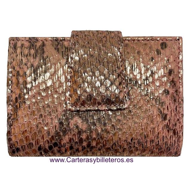 CARTERA MUJER PEQUEÑA Y COMPLETA DE PIEL SERPIENTE + COLORES ROSA CON COBRE DORADO 