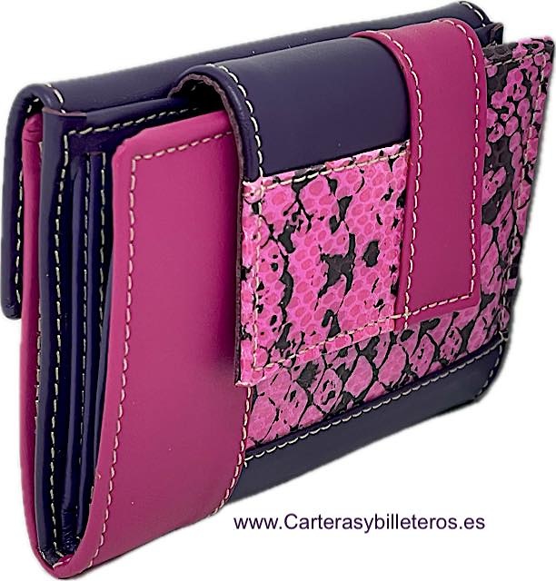 CARTERA MUJER PEQUEÑA MUY COMPLETA EN PIEL DE UBRIQUE ROSA Y MORADA 