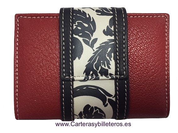 CARTERA DE MUJER PEQUEÑA MUY COMPLETA EN PIEL DE UBRIQUE GRANATE TIRA FLORES BLANCA Y NEGRA 