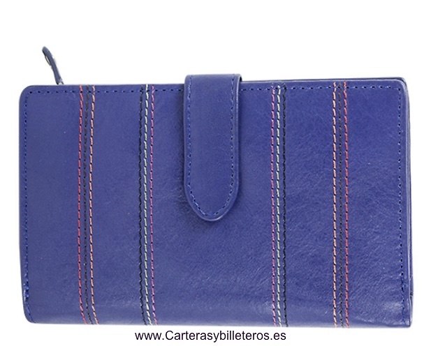 CARTERA DE PIEL VACUNO DE CALIDAD PARA MUJER CON MONEDERO GRANDE AZUL 