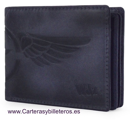 CARTERA MONEDERO HOMBRE PIEL GRABADA A RELIEVE AZUL MARINO 