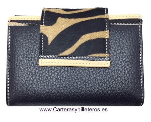 CARTERA BILLETERA DE MUJER DE PIEL Y PELO CEBRA HECHA EN UBRIQUE NEGRO Y CAMEL 