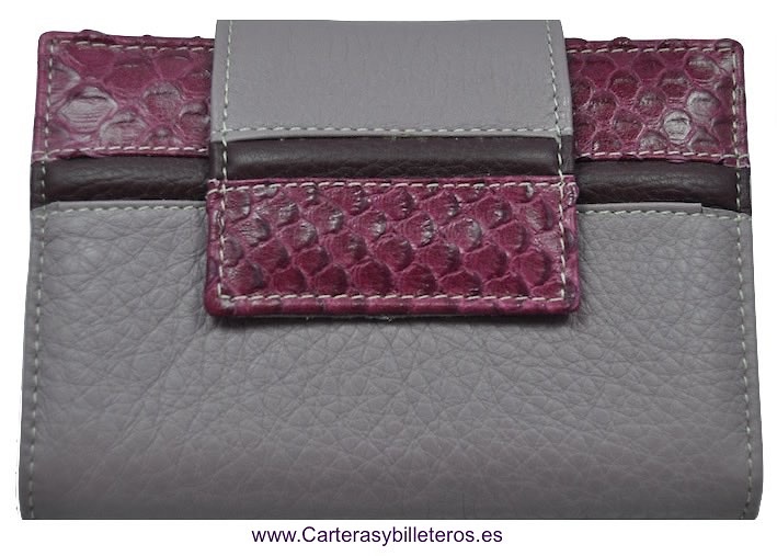 CARTERA BILLETERA DE MUJER CALIDAD LUXURY CON PIEL VACUNO Y SERPIENTE LILA Y MALVA 