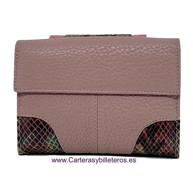 CARTERA BILLETERA DE MUJER CALIDAD LUXURY CON PIEL VACUNO Y SERPIENTE MALVA 