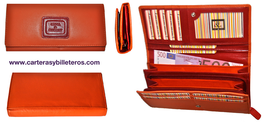 CARTERA BILLETERA MUJER DE PIEL DE DISEÑO GRANDE NARANJA Y ROJO 