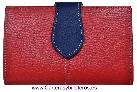 CARTERA MUJER PIEL UBRIQUE MEDIANA ROJA CON CIERRE AZUL MARINO ROJA Y AZUL MARINO 