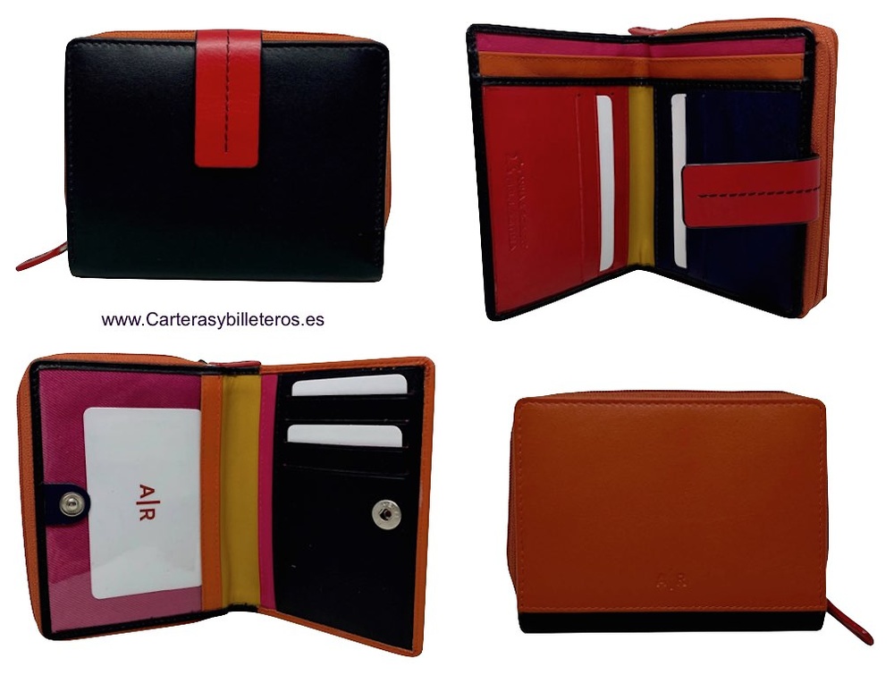 MONEDERO CARTERA DE MUJER CON BILLETERO DE PIEL - Nuevos colores colección 2019-2020 - NEGRO ROJO Y CUERO POSTERIOR ROJO AZUL Y NEGRO POSTERIOR 