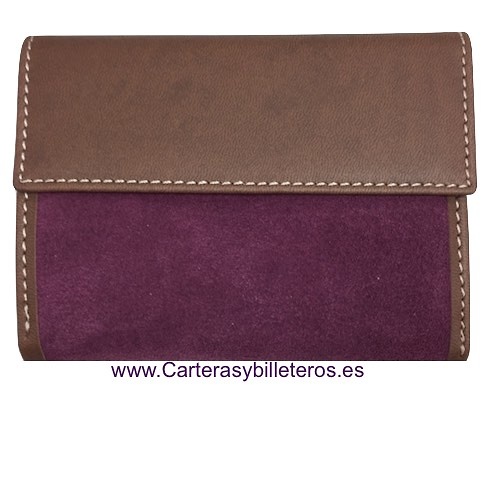 CARTERA MUJER CUERO CON ANTE HECHA EN UBRIQUE -9 COLORES- BURDEOS 