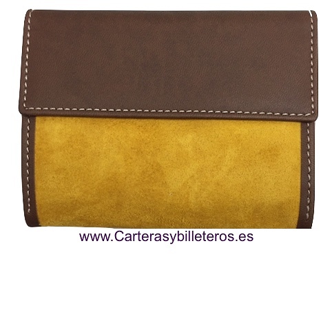 CARTERA MUJER CUERO CON ANTE HECHA EN UBRIQUE -9 COLORES- MOSTAZA 