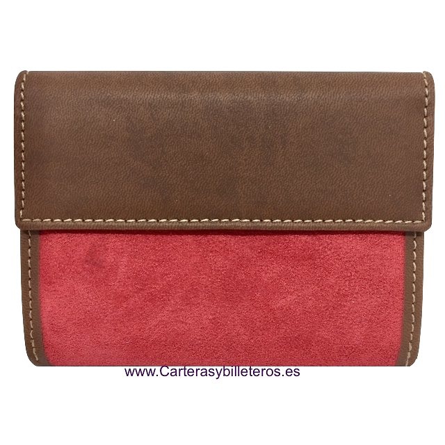 CARTERA MUJER CUERO CON ANTE HECHA EN UBRIQUE -9 COLORES- ROJO 