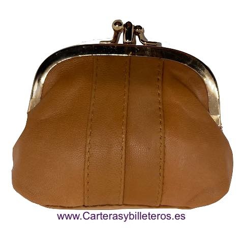 MONEDERO MUJER DE PIEL CON BOQUILLA DOBLE Y BOLSILLO MEDIANO -25 COLORES- CAMEL 