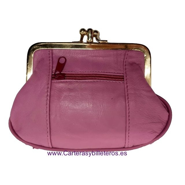 MONEDERO MUJER DE PIEL CON BOQUILLA DOBLE Y BOLSILLO MEDIANO -25 COLORES- MALVA 