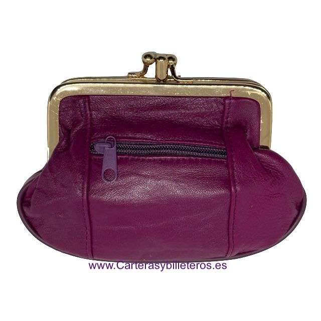 MONEDERO MUJER DE PIEL CON BOQUILLA DOBLE Y BOLSILLO MEDIANO -25 COLORES- MORADO 