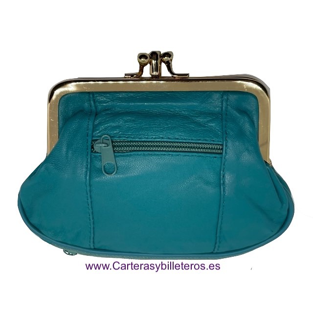 MONEDERO MUJER DE PIEL CON BOQUILLA DOBLE Y BOLSILLO MEDIANO -25 COLORES- VERDE TURQUESA 