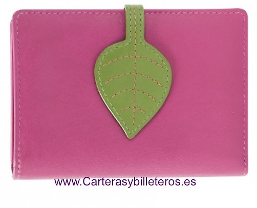 CARTERA MUJER DE PIEL CON MONEDERO BILLETERO MEDIANA FUCSIA 