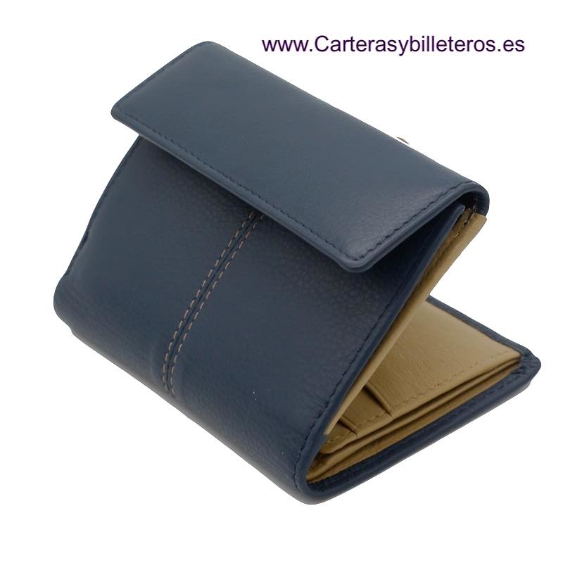 CARTERA PEQUEÑA DE MUJER DE CUERO CON BILLETERA Y MONEDERO LEYVA AZUL Y BEIGE 