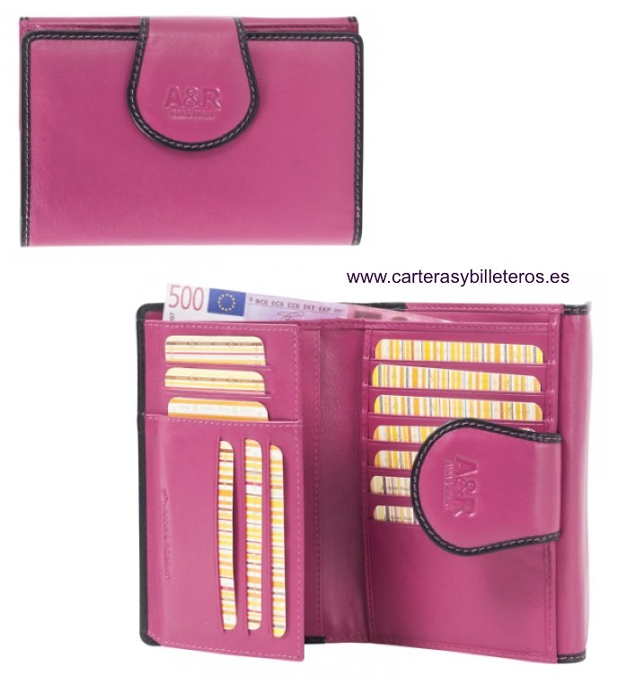 CARTERA DE MUJER DE PIEL CON DOBLE MONEDERO Y TARJETERO ROSA 