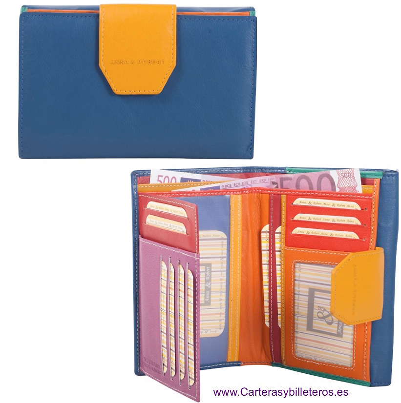 BILLETERA DE MUJER CON MONEDERO DE PIEL GRANDE AZUL Y NARANJA 